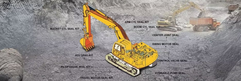 Excavator seal application areas including boom cylinder arm cylinder bucket cylinder swing motor and travel motor